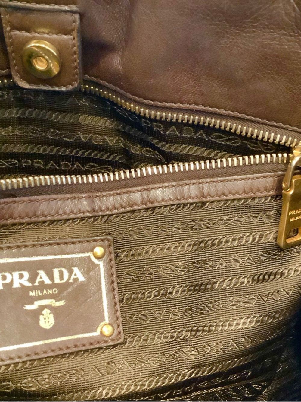Prada Gaufre Olive Green Nylon Tote w/ Brown Leather Trim. PreLoved w/ sling - Picture 14 of 15